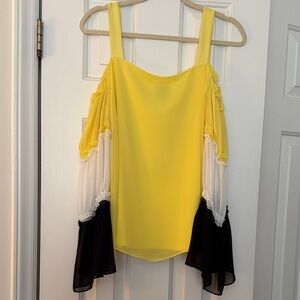 Yellow Cold-Shoulder Chiffon Blouse with Black & White Panels